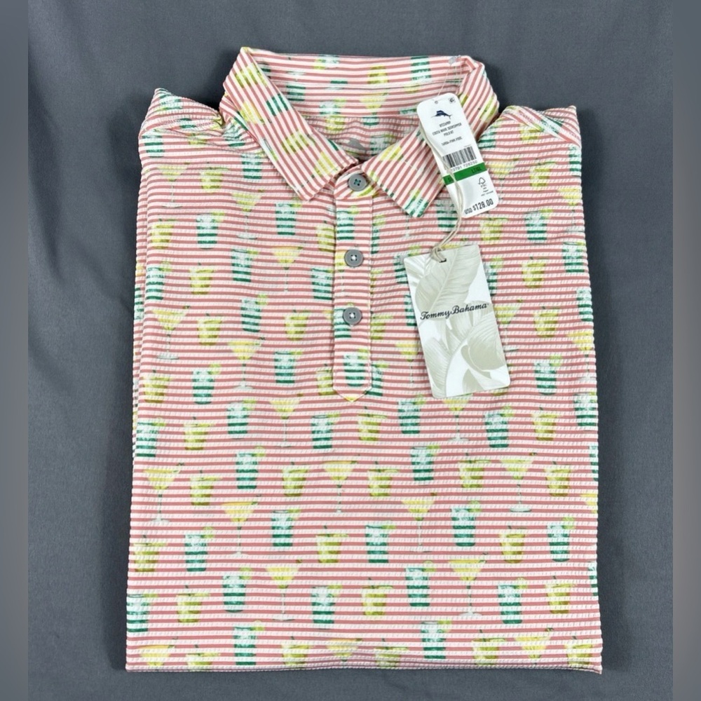 Tommy Bahama Golf Shirt Polo Seersipper Print LT Pink Nylon Polyester
